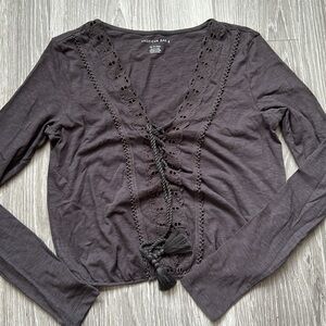 American Eagle Outfitters Women's Charcoal Lace-Up Top